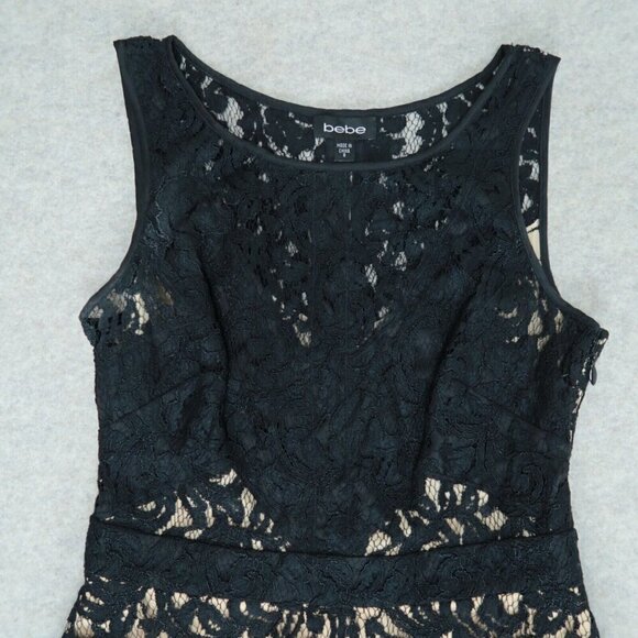 Bebe Black A-Line Crochet Dress Lined Evening Cocktail Midi Women's Size 8 - Picture 2 of 12